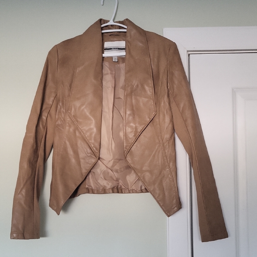 Women's Tan Faux Leather Open Front Jacket